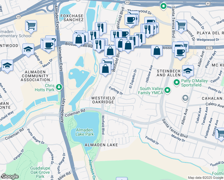 map of restaurants, bars, coffee shops, grocery stores, and more near 944 Lake Almanor Drive in San Jose