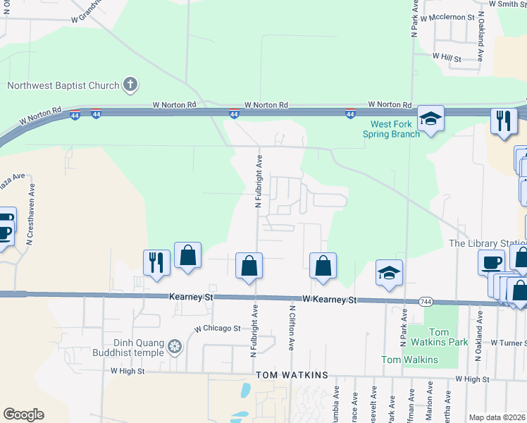 map of restaurants, bars, coffee shops, grocery stores, and more near 2710 North Farm Road 137 in Springfield