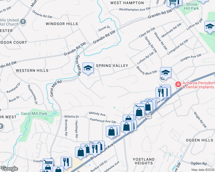 map of restaurants, bars, coffee shops, grocery stores, and more near 3130 Evergreen Lane Southwest in Roanoke