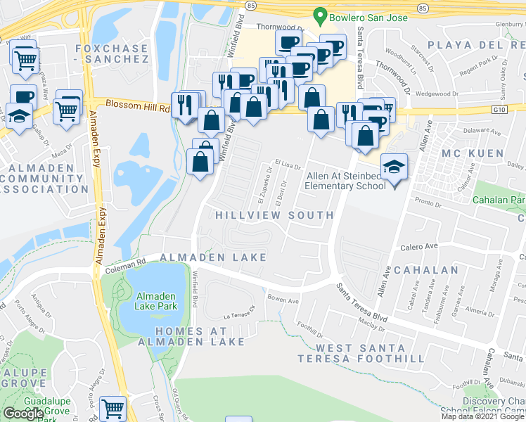 map of restaurants, bars, coffee shops, grocery stores, and more near 5894 El Zuparko Drive in San Jose