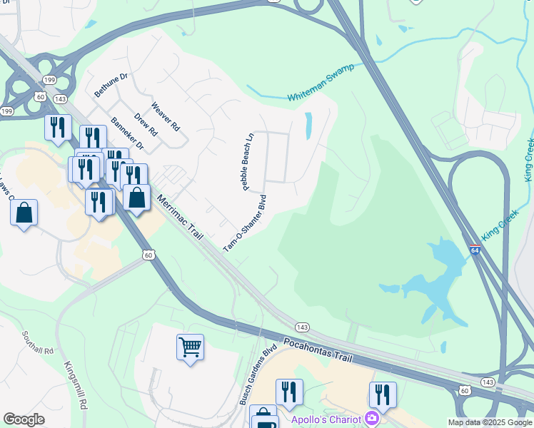 map of restaurants, bars, coffee shops, grocery stores, and more near 403 Tam-O-Shanter Boulevard in Williamsburg