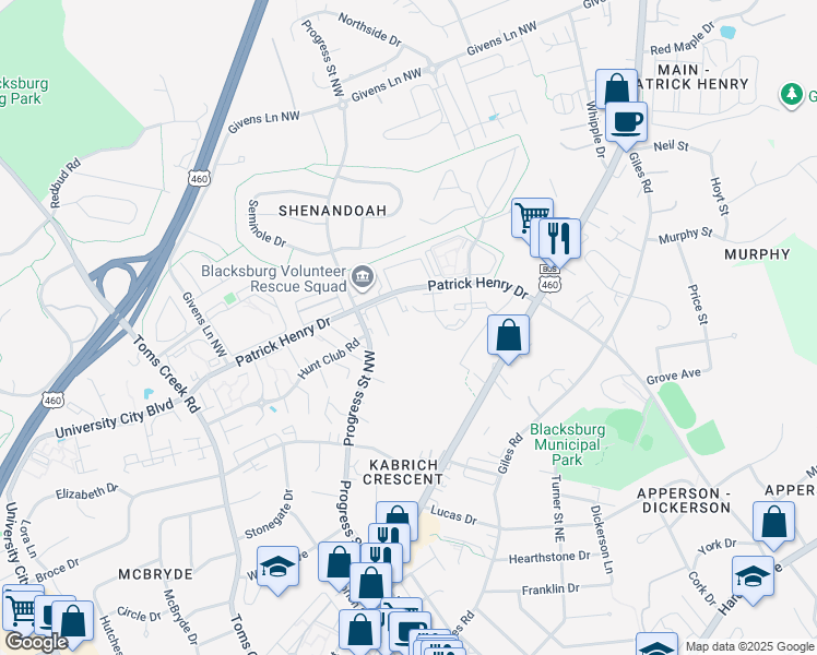 map of restaurants, bars, coffee shops, grocery stores, and more near 1210 University Terrace in Blacksburg