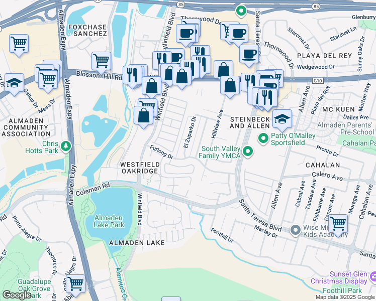 map of restaurants, bars, coffee shops, grocery stores, and more near 5894 El Zuparko Drive in San Jose