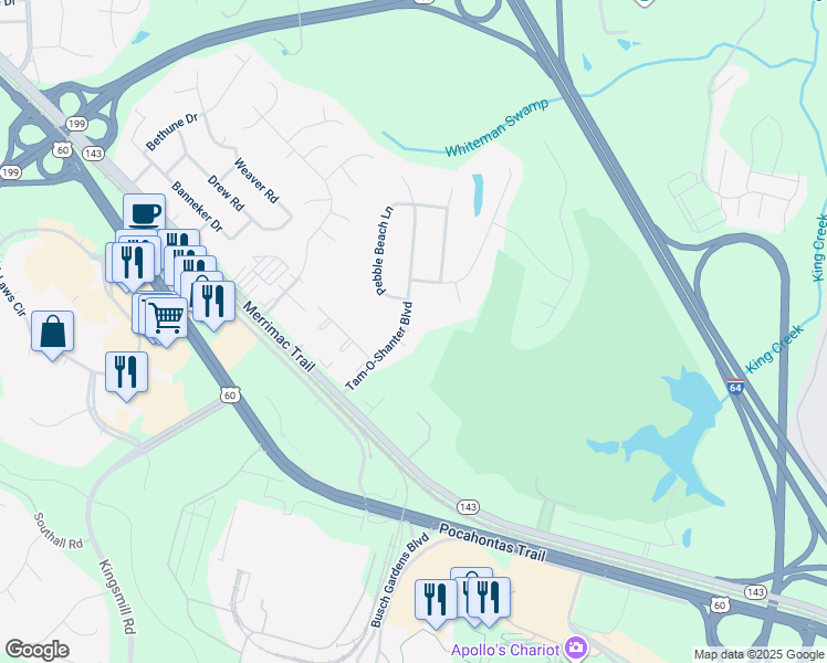 map of restaurants, bars, coffee shops, grocery stores, and more near 403 Tam-O-Shanter Boulevard in Williamsburg