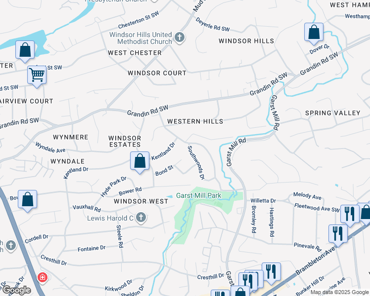 map of restaurants, bars, coffee shops, grocery stores, and more near 2609 Southwoods Drive in Cave Spring