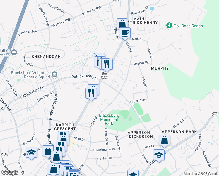map of restaurants, bars, coffee shops, grocery stores, and more near 807 Patrick Henry Dr in Blacksburg