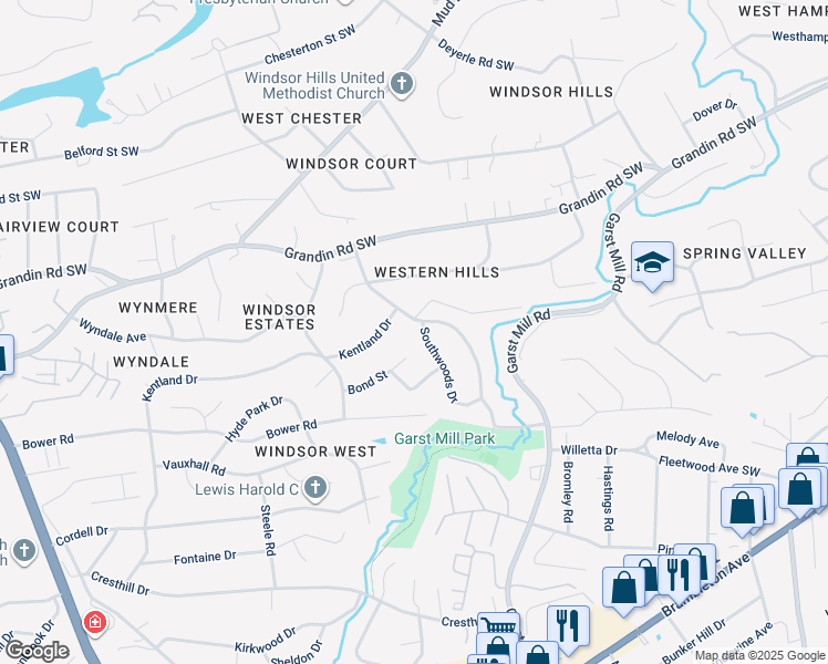 map of restaurants, bars, coffee shops, grocery stores, and more near 2609 Southwoods Drive in Cave Spring