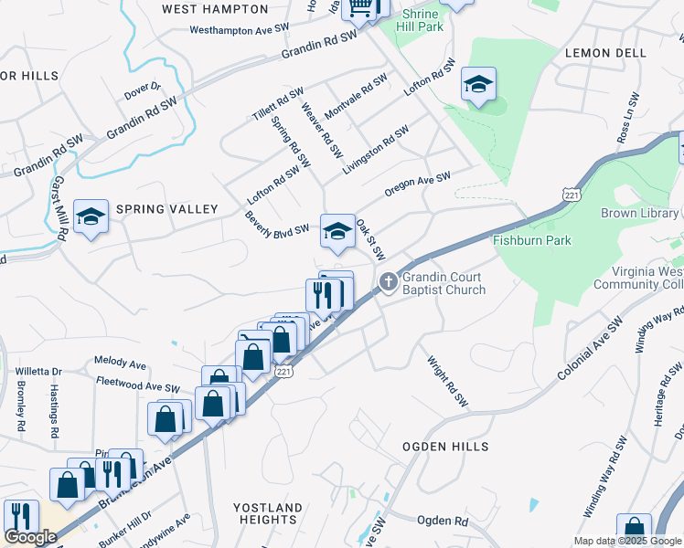 map of restaurants, bars, coffee shops, grocery stores, and more near 2830 Spessard Avenue Southwest in Roanoke