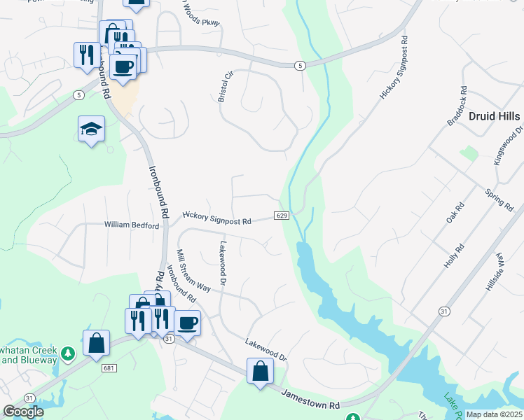map of restaurants, bars, coffee shops, grocery stores, and more near 4758 Hickory Signpost Road in Williamsburg