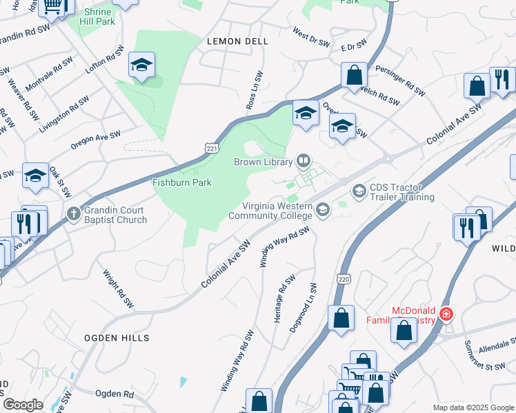 map of restaurants, bars, coffee shops, grocery stores, and more near 3201 Pasley Avenue Southwest in Roanoke