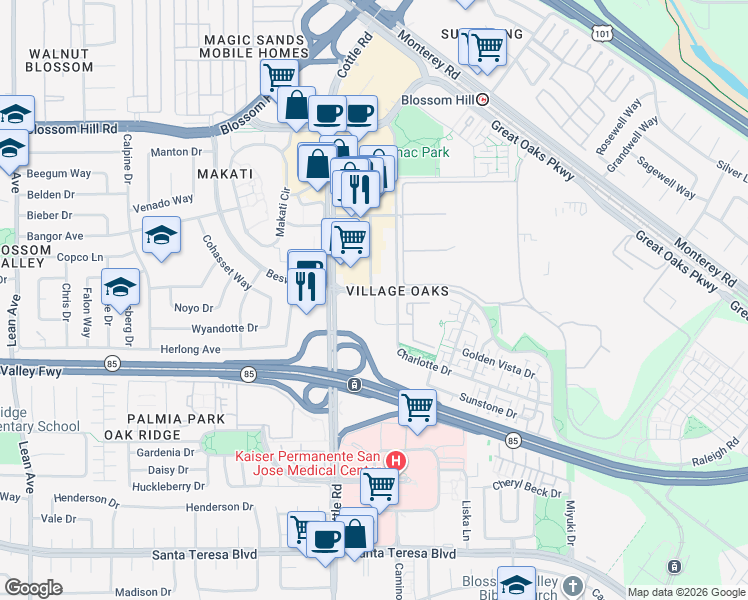 map of restaurants, bars, coffee shops, grocery stores, and more near 5805 Charlotte Drive in San Jose