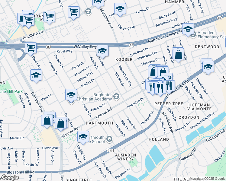 map of restaurants, bars, coffee shops, grocery stores, and more near 1515 Dentona Place in San Jose