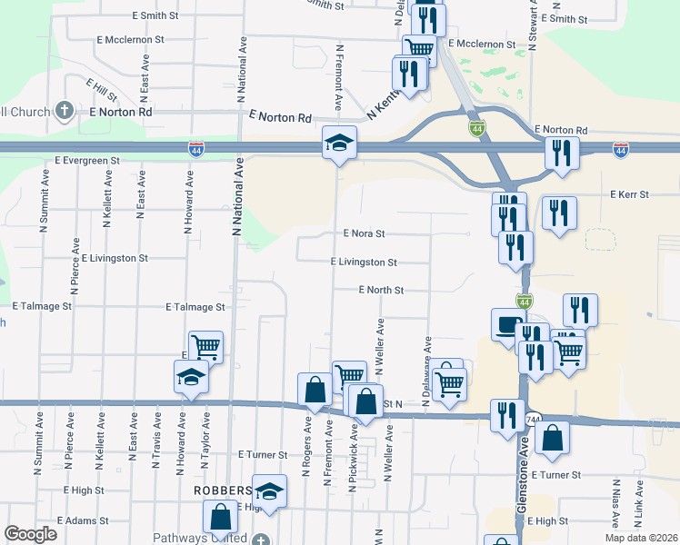 map of restaurants, bars, coffee shops, grocery stores, and more near 2639 North Fremont Avenue in Springfield
