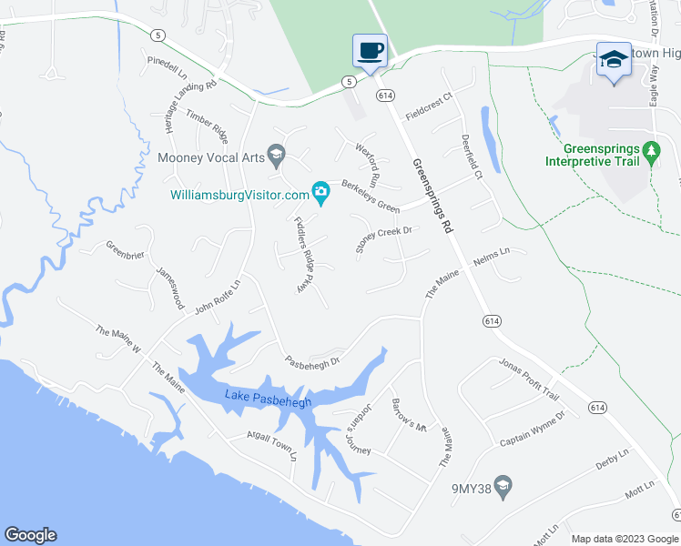 map of restaurants, bars, coffee shops, grocery stores, and more near 3017 Bent Creek Road in Williamsburg