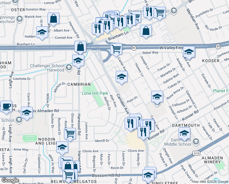 map of restaurants, bars, coffee shops, grocery stores, and more near 5152 Alan Avenue in San Jose