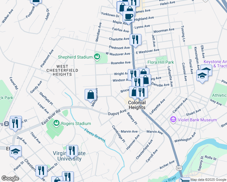 map of restaurants, bars, coffee shops, grocery stores, and more near 650 Battery Place in Colonial Heights