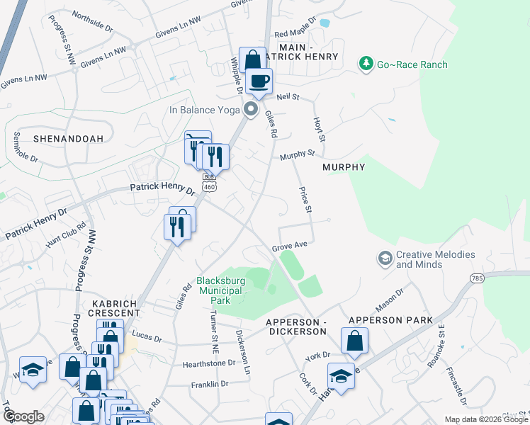 map of restaurants, bars, coffee shops, grocery stores, and more near 801 North Dr in Blacksburg