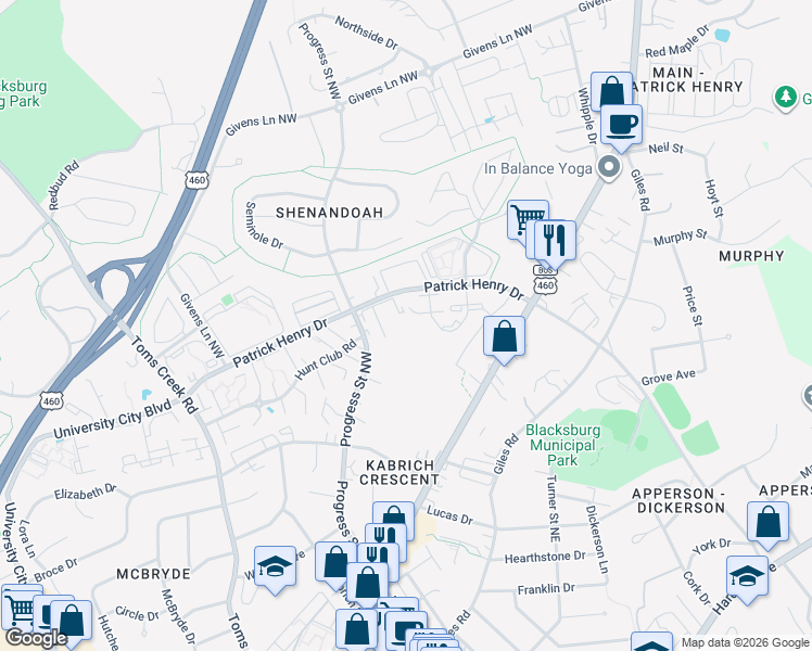 map of restaurants, bars, coffee shops, grocery stores, and more near 1210 University Terrace in Blacksburg