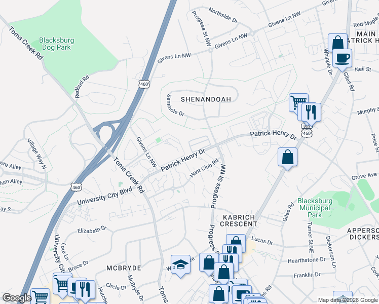 map of restaurants, bars, coffee shops, grocery stores, and more near 306 Hunt Club Road in Blacksburg