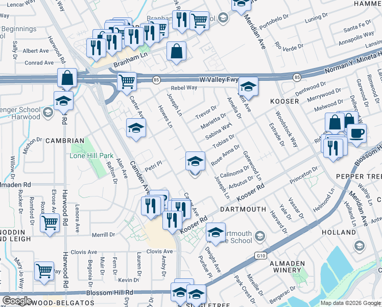 map of restaurants, bars, coffee shops, grocery stores, and more near 5234 Howes Lane in San Jose