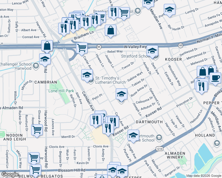 map of restaurants, bars, coffee shops, grocery stores, and more near 1598 Stapleton Court in San Jose