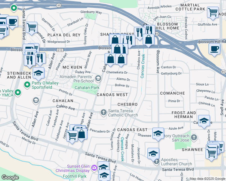 map of restaurants, bars, coffee shops, grocery stores, and more near 5837 Montevino Drive in San Jose