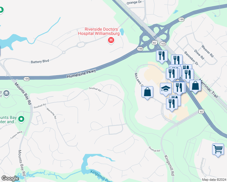 map of restaurants, bars, coffee shops, grocery stores, and more near 121 Meeting Place in Williamsburg