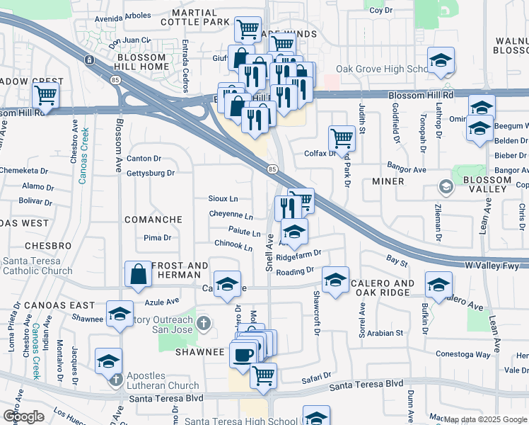 map of restaurants, bars, coffee shops, grocery stores, and more near 479 Paiute Lane in San Jose