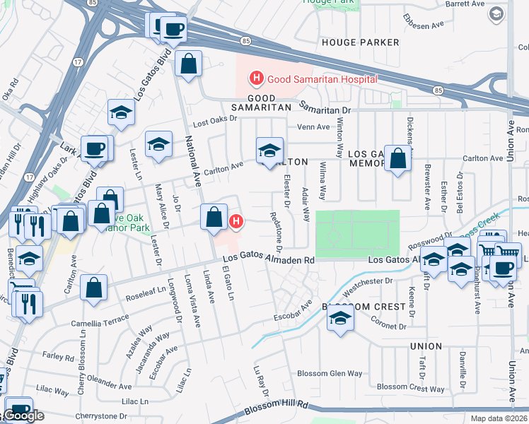 map of restaurants, bars, coffee shops, grocery stores, and more near 2416 Dolphin Drive in San Jose