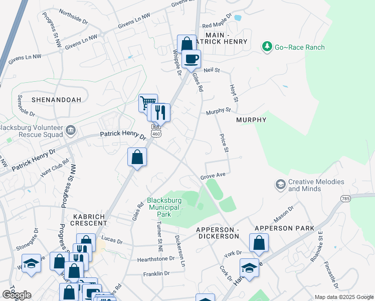 map of restaurants, bars, coffee shops, grocery stores, and more near 1100 Giles Road in Blacksburg