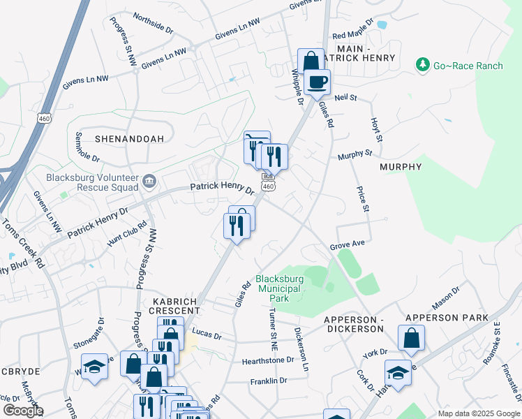 map of restaurants, bars, coffee shops, grocery stores, and more near 105 Robinson Street in Blacksburg