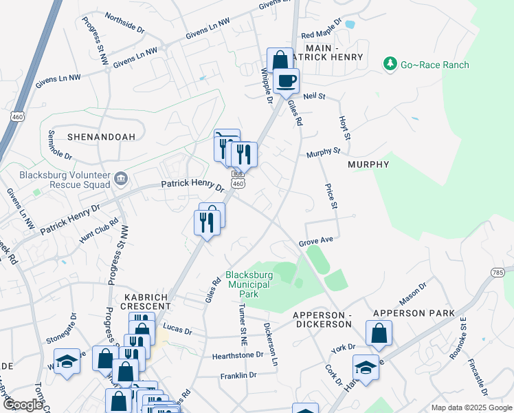 map of restaurants, bars, coffee shops, grocery stores, and more near 807 Patrick Henry Dr in Blacksburg