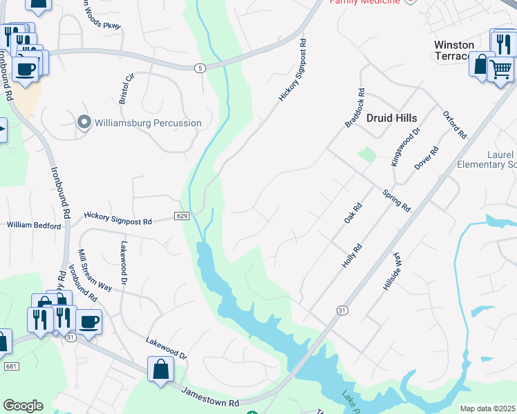 map of restaurants, bars, coffee shops, grocery stores, and more near 201 Rembold Way in Williamsburg