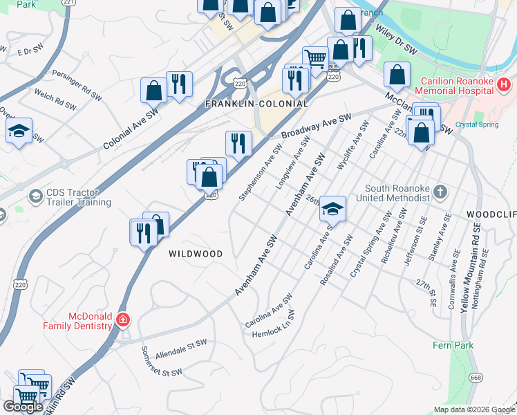 map of restaurants, bars, coffee shops, grocery stores, and more near 2704 Stephenson Avenue Southwest in Roanoke