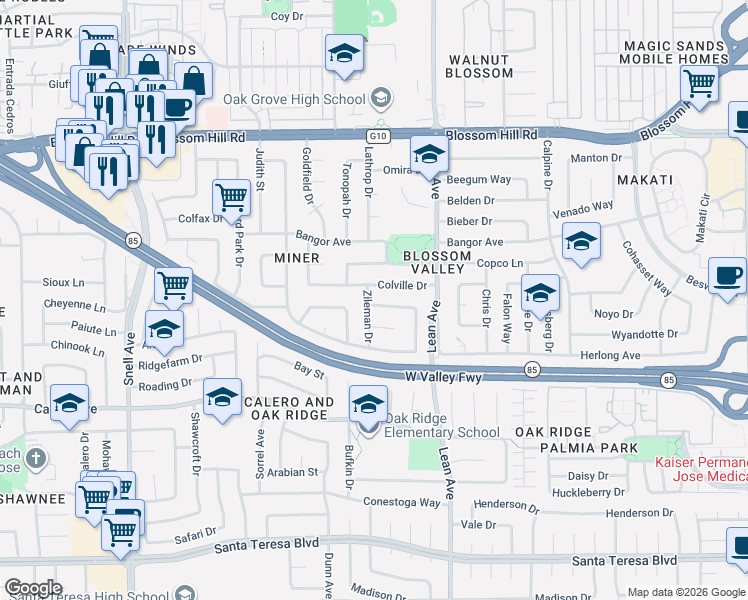 map of restaurants, bars, coffee shops, grocery stores, and more near 5810 Zileman Drive in San Jose