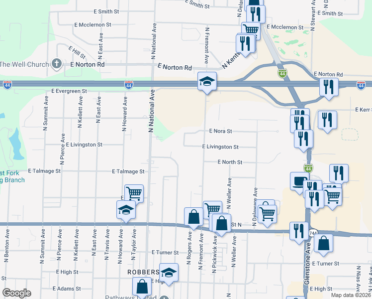 map of restaurants, bars, coffee shops, grocery stores, and more near 2720 North Eloise Avenue in Springfield