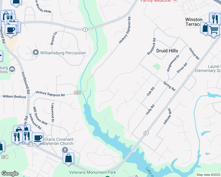 map of restaurants, bars, coffee shops, grocery stores, and more near 201 Rembold Way in Williamsburg
