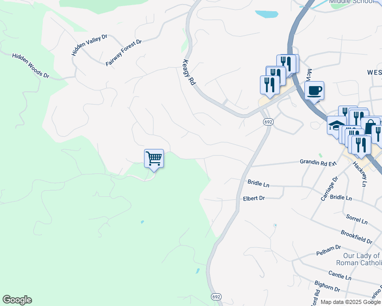 map of restaurants, bars, coffee shops, grocery stores, and more near 5527 Grandin Road Extension in Cave Spring