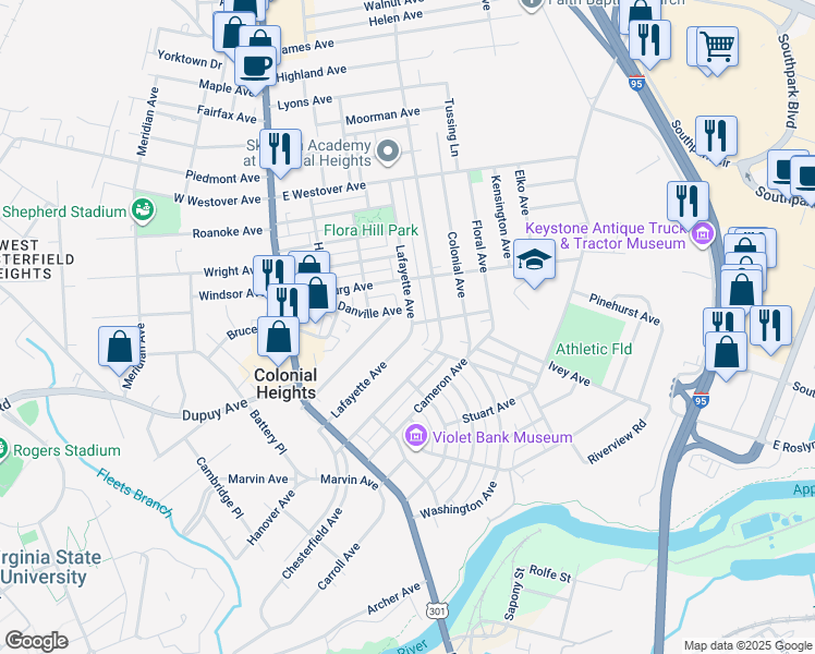 map of restaurants, bars, coffee shops, grocery stores, and more near 414 Lafayette Avenue in Colonial Heights