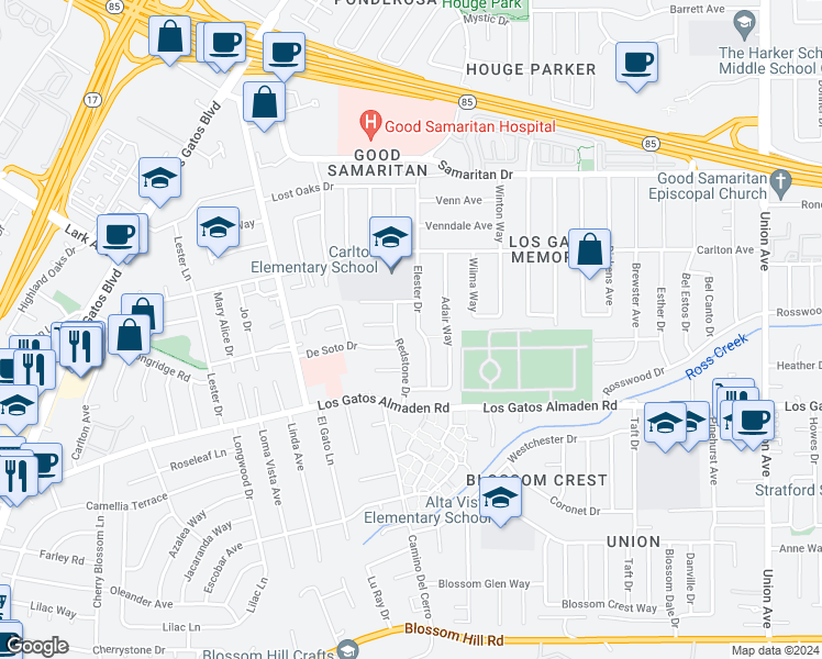 map of restaurants, bars, coffee shops, grocery stores, and more near 5006 Redstone Drive in San Jose