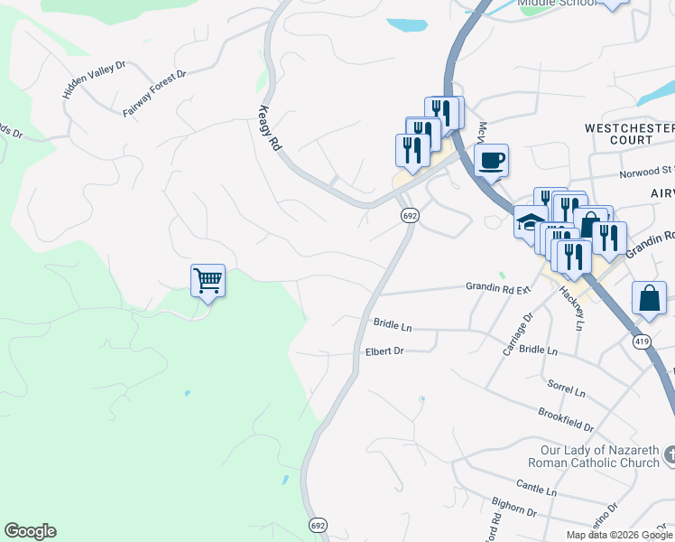 map of restaurants, bars, coffee shops, grocery stores, and more near 5462 Warwood Drive in Cave Spring
