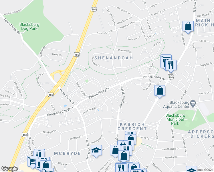 map of restaurants, bars, coffee shops, grocery stores, and more near 333 Shenandoah Circle in Blacksburg