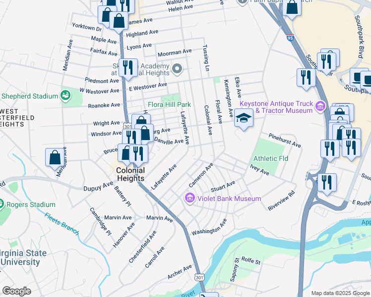 map of restaurants, bars, coffee shops, grocery stores, and more near 414 Lafayette Avenue in Colonial Heights
