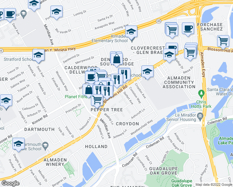 map of restaurants, bars, coffee shops, grocery stores, and more near Blossom Hill Rd & Kooser Rd in San Jose