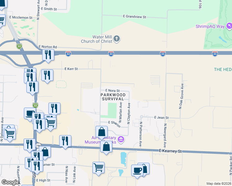 map of restaurants, bars, coffee shops, grocery stores, and more near 2241 East Nora Street in Springfield