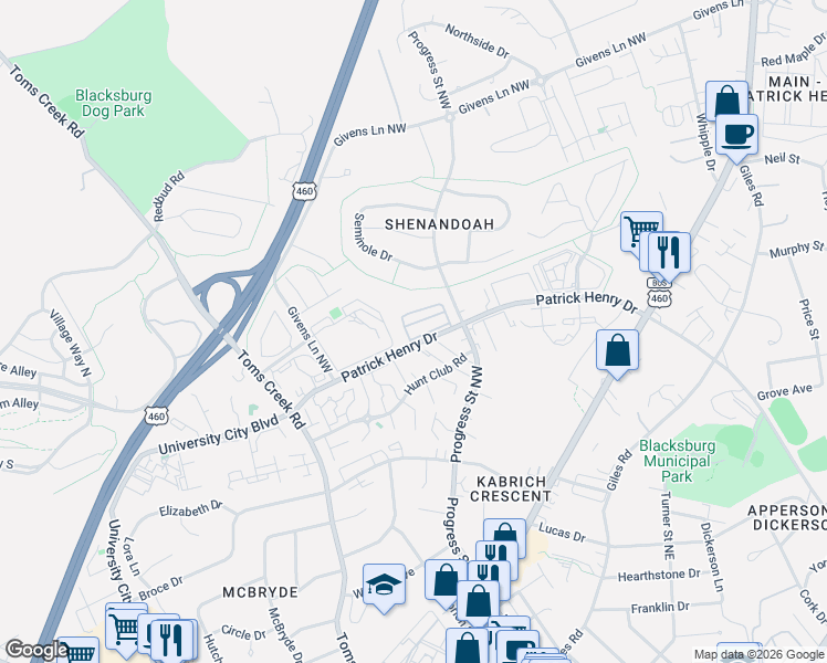map of restaurants, bars, coffee shops, grocery stores, and more near 333 Shenandoah Circle in Blacksburg