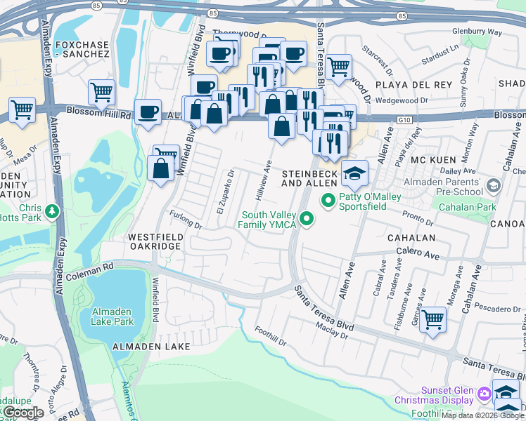 map of restaurants, bars, coffee shops, grocery stores, and more near 5871 Hillview Avenue in San Jose