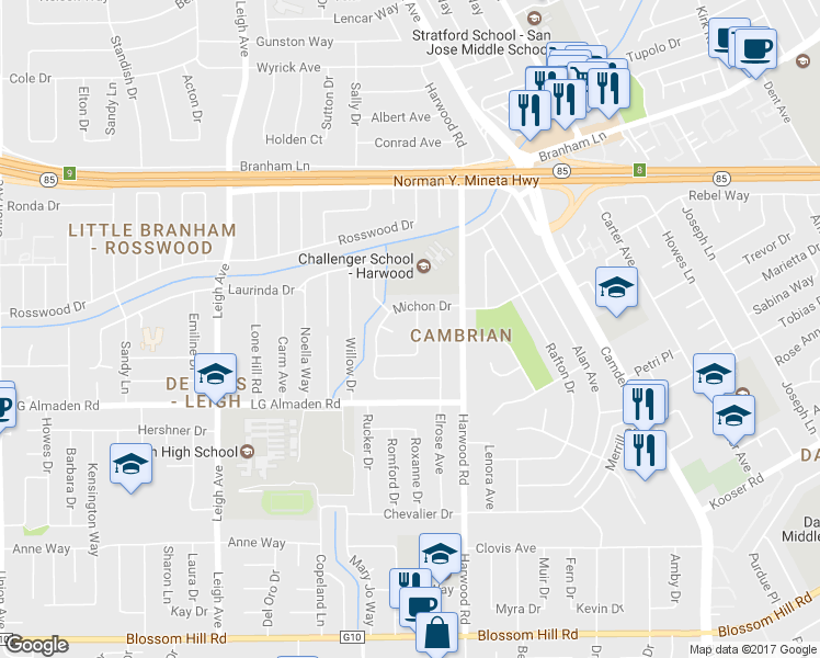 map of restaurants, bars, coffee shops, grocery stores, and more near 1778 Michon Drive in San Jose