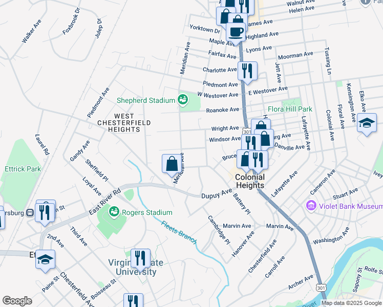 map of restaurants, bars, coffee shops, grocery stores, and more near 217 Plumtree Ave in Colonial Heights