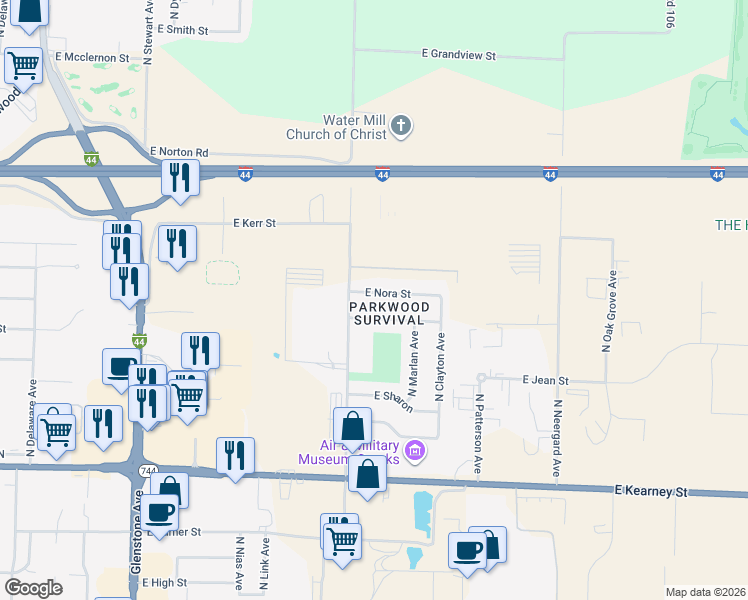 map of restaurants, bars, coffee shops, grocery stores, and more near 2241 East Nora Street in Springfield